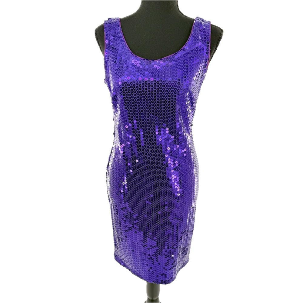 GlenRob Purple Sequined Sheath Dress Bodycon Low-Cut Back Size 7/8 Vintage 90’s - Picture 4 of 17